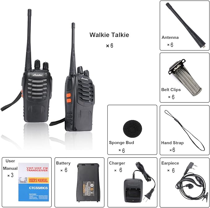 Two Way Radio Walkie Talkie, Long Range Walkie Talkies for Adults 16-CH 2-Way Radio with Earpieces and Rechargeable Battery (Pack of 6)