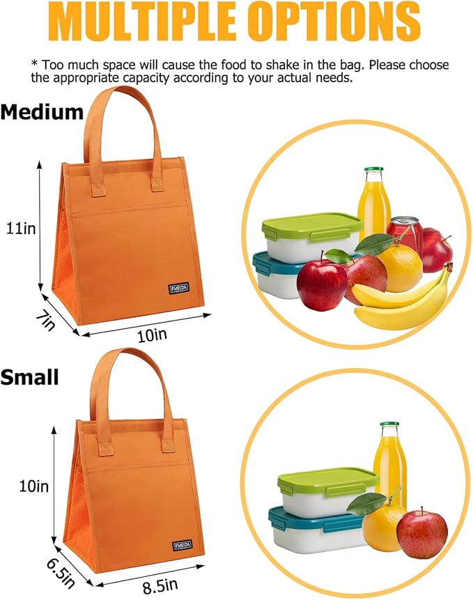 Fmeida Insulated Lunch Bag for Women Cooler Lunch Bag Thermal Adult Lunch Totes Reusable Lunch Boxes for Office College Beach Travel | Medium Orange Front&Side&Interior Pocket