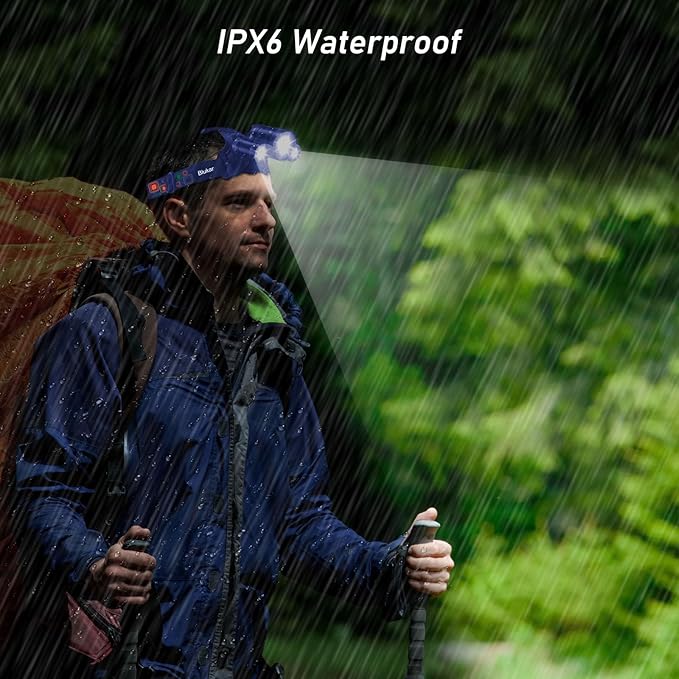 LED Headlamp, 8000L Super Bright Rechargeable Headlight Flashlight - 3 Lights 5 Modes,Zoomable,Spotlight&Floodlight Combination, IPX6 Waterproof, 20+Hrs Runtime for Running,Hiking etc-Blue