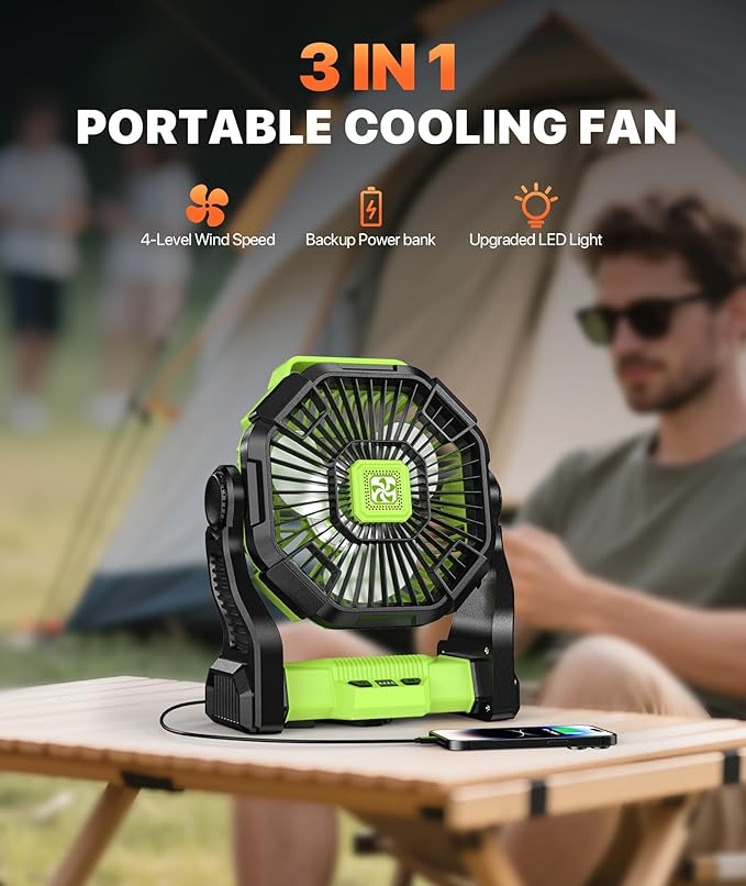 Battery Powered Fan -Camping Fan with Led Lantern, 12000mAh Portable Rechargeable, Battery Operated for Tent, Hook 4 Speed Quiet Personal for Desk, Travel, Fishing, Power Outage, Hurricane-Green