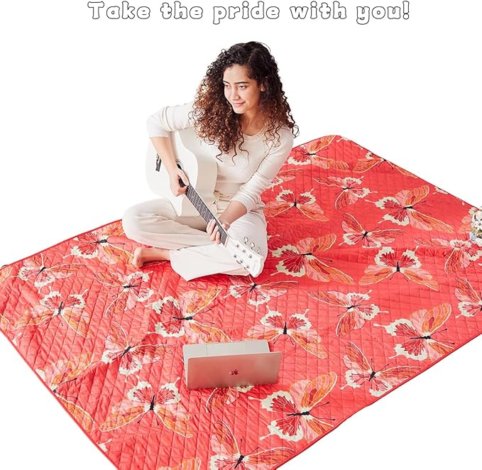 Mellowdy Companion Outdoor Printing Blanket - Waterproof, Wind-Resistant, Warm, Utility Blanket for Camping, Picnic, Stadium, Beach, Gameday, Travel, Foldable with Carrying Bag(Red Butterfly,55x80)