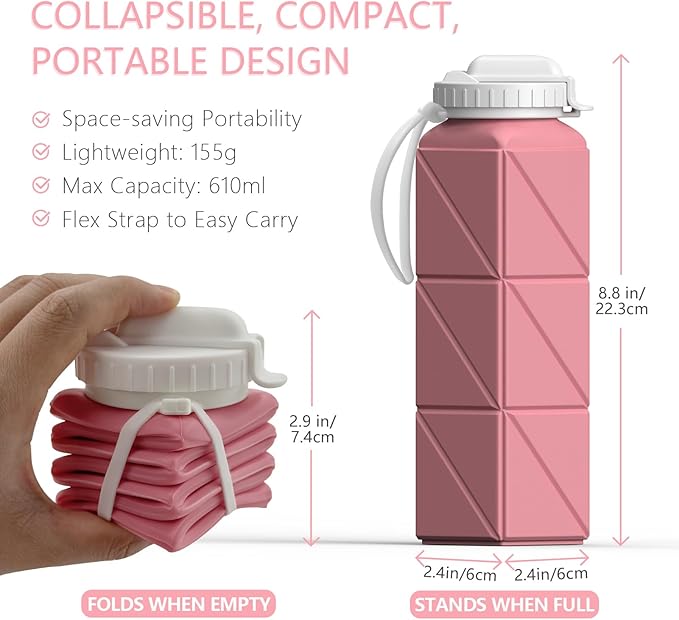 Collapsible Water Bottles 20.6oz, Silicone Foldable Portable Travel Water Bottle, Folding Lightweight Reusable Leakproof for Traveling Camping Hiking Cycling Yoga Sports Outdoor
