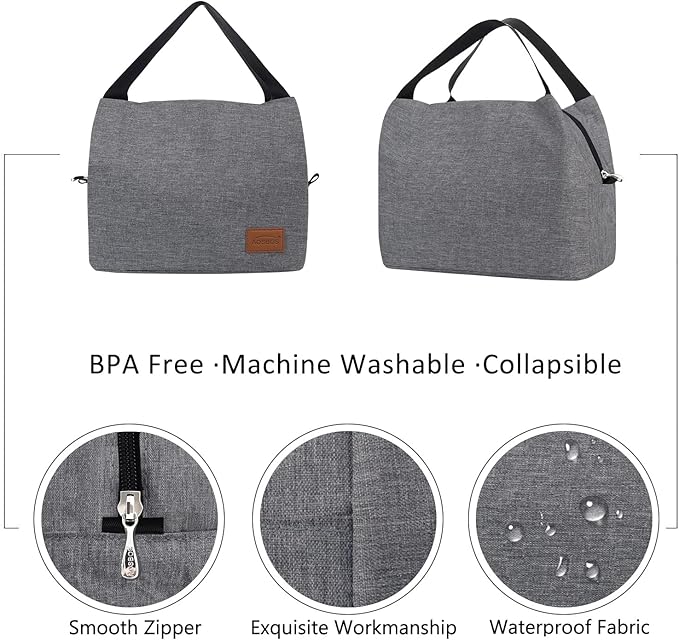 Aosbos Insulated Lunch Bag for Women, Men & Adults - Small Lunch Box, Leakproof Tote Cooler Box for Work/Office/Picnic,loncheras para mujer loncheras para hombres,Gray