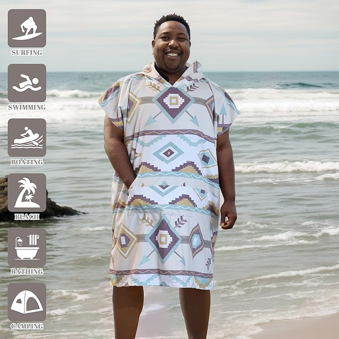 Rainleaf Surf Poncho Changing Towel Quick Dry Pool Swim Beach Towel with Hood and Front Pocket Warm and Soft Microfiber RobeTowel for Women and Men-Geometric Eggnog