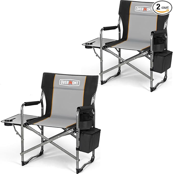 Overmont Oversized Lightweight Camping Chair - Comfortable Heavy Duty Foldable Directors Chairs with Side Table & Cooler Bag for Outside Camp Beach Picnic Lawn and Fishing Supports 400lbs