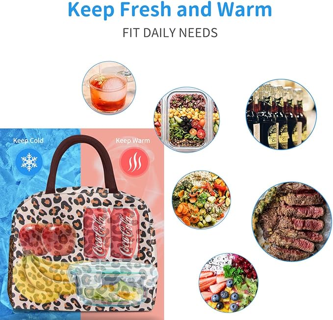 Lunch Bag Women,Lunch Box Adult for Women Men Reusable Insulated Lunch Tote Bag,Leakproof Food Handbags Case High Capacity for Travel Work Picnic Beach,Leopard