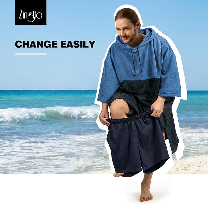 Surf Poncho Changing Robe, 3/4 Sleeve Extra Large Thick Hoodie Towel Poncho for Men Women Beach Swimming, 43" x 35", Black Blue