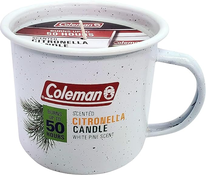 Coleman Scented Outdoor Citronella Candle in Tin Mug, Pine Scented Rustic Outdoor Camping Candle, Up to 50h Burn Time