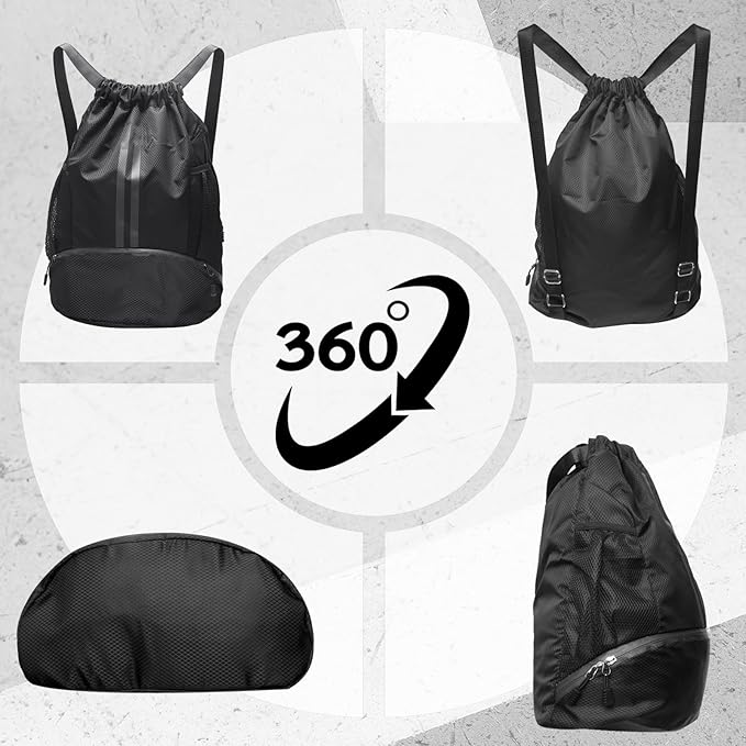 Sports Drawstring Backpack, Gym Bag with Water Bottle Holder Pockets, Shoe Compartment, Waterproof Pocket, Drawstring Bag for Women Men, Black