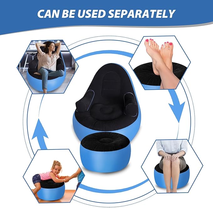 Inflatable Couch with Armrest&Ottoman, Blow Up Lounger Chair, Folding Lazy Sofa, Inflatable Furniture Without Pump for Camping, Fishing, Party, Beach, Sunbathing, Hiking (Blue)
