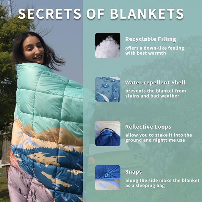 zzlamb Camping Blanket, Lightweight Cloak Puffy Down Alternative Travel Blanket, Portable & Windproof Warm Outdoor Blanket, Cozy Quilt Plane Car Picnic Hammock Beach Backpacking, 52x75in