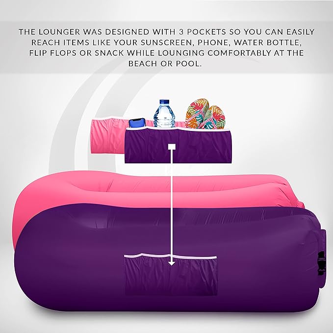 Nevlers 2 Pack Inflatable Loungers Air Sofa Couch | Perfect for Beach Chair Camping Chairs or Portable Hammock |Travel Bag Pouch, Pegs & 3 Pockets| Movie Seating & Camping Accessories Blow Up Lounger