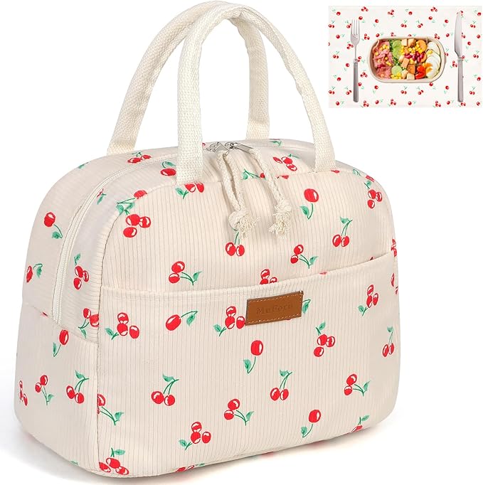 Lunch Bag Women Insulated, Cute Corduroy Tote Bag for Women with Placemat, Large Capacity Reusable Insulated Cooler Lunch Box for Travel Picnic office