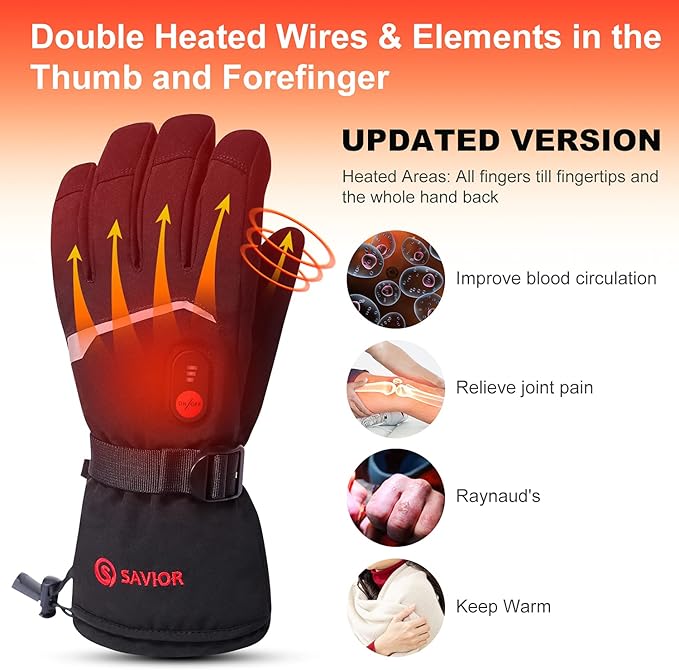 SAVIOR HEAT Heated Gloves Electric Rechargeable Battery Men Women 7.4V Heating Gloves Ski Motorcycle Work Snowboarding Hunting Hiking Camping Walking Arthritis Hands
