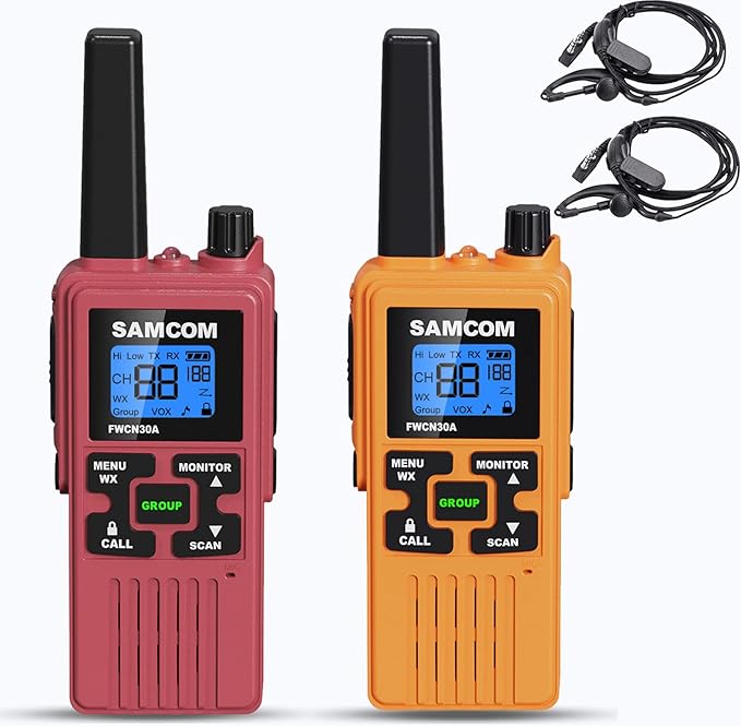 SAMCOM 2 Way Radios Long Range FRS Walkie Talkies for Adults 1250mAh USB Rechargeable, 22 Channels Portable Two Way Radios with Earpieces, Group Talk, NOAA Alert (Red +Yellow 2 Pcs)