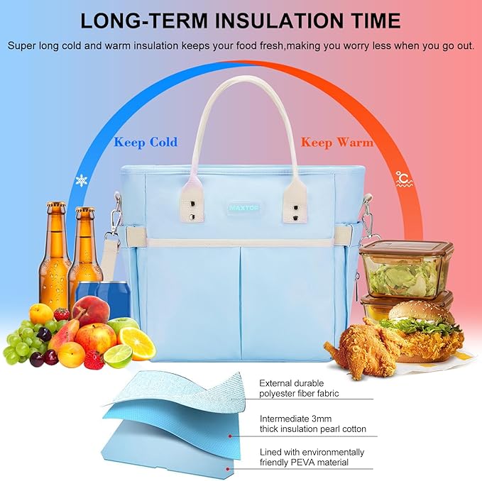 MAXTOP Lunch Bag Women for Work Insulated Thermal Lunch Box with Wide-Open Pocket Reusable Leakproof Cooler Bags with Removable Shoulder Strap for Teacher Nurse Office Picnic Travel Blue