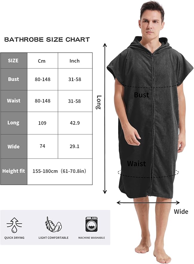 Surf Poncho Hooded Changing Towel Swim Robe with Zipper Plus Size Terry Cloth Swim Cover Up for Adults Men Women Towel Poncho Hoodie Surfing Accessories(Black) (Black)
