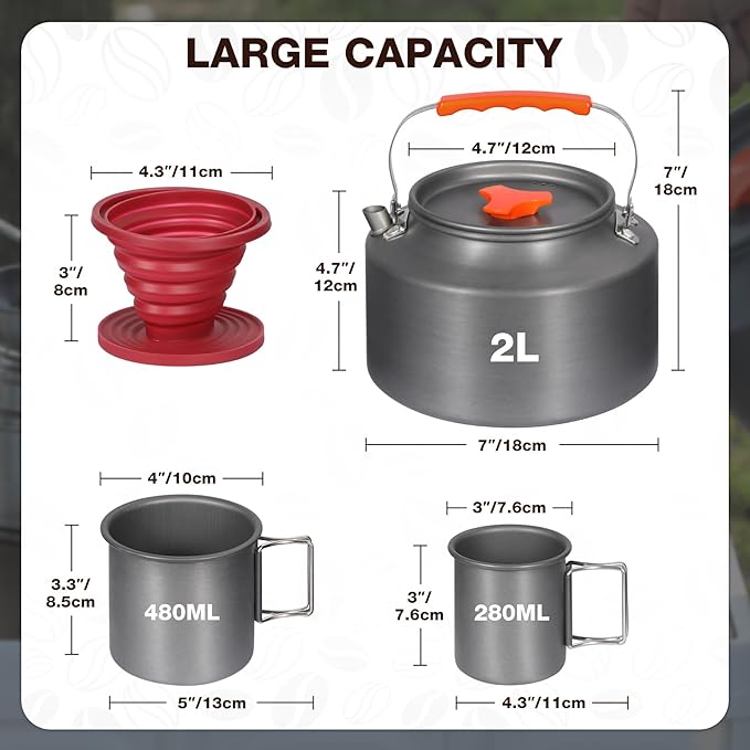 REDCAMP 2L Camping Coffee Pot Coffee Makers, Aluminum Portable Kettle Teapot with 2Pcs Camping Mug and Collapsible Coffee Dripper, Compact Tea Kettle for Stove Top, Outdoor, Hiking and Traveling