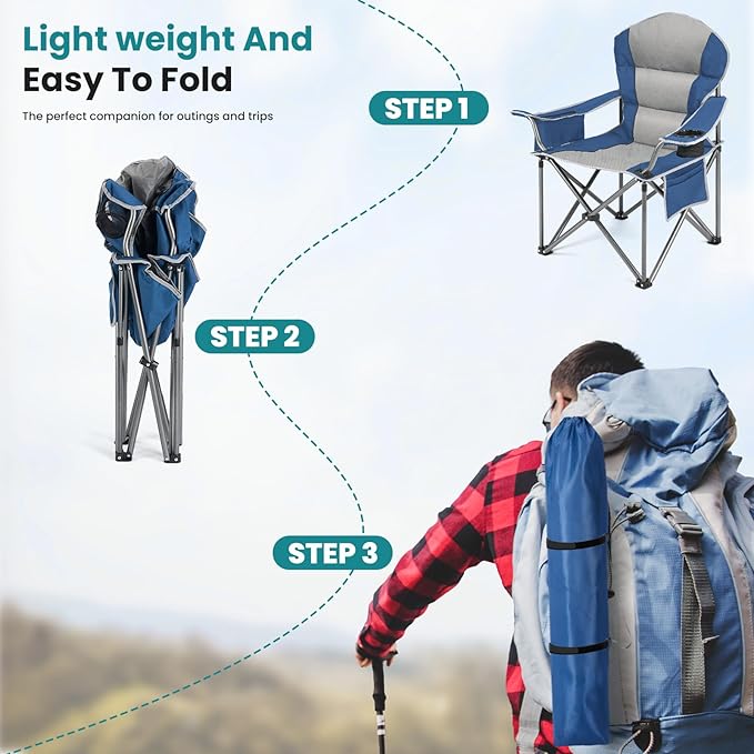 OLIXIS Heavy Duty Camping Chairs 450lbs Capacity Portable Folding Chair with Cup Holder and Cooler Bag,Sturdy Steel Frame Outdoor Chair for Backyard,Beach,Fishing