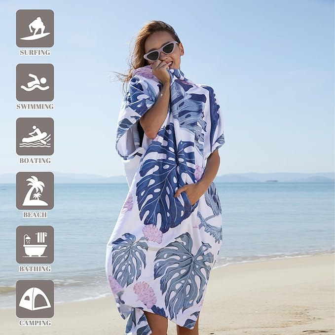 Rainleaf Surf Poncho Changing Towel Quick Dry Pool Swim Beach Towel with Hood and Front Pocket Warm and Soft Microfiber RobeTowel for Women and Men Gray-Leaf Print