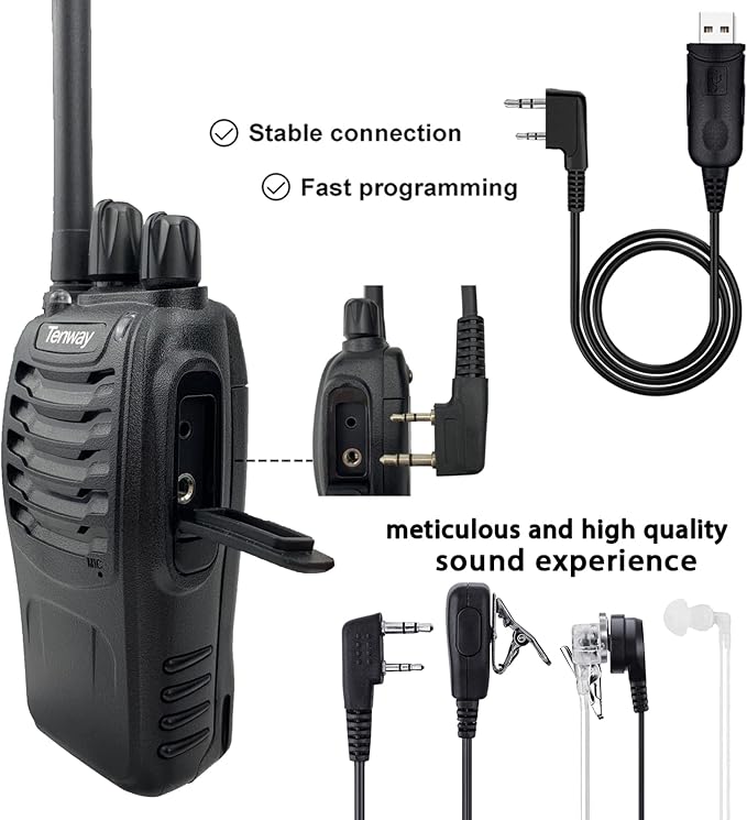 6Pack TW-888S Two Way Radio for Adult Long Range Rechargeable Handheld Walkie Talkie with Air Earpiece and Programming Cable and 6 Way Multi Unit Charger