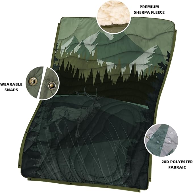 Outdoor Camping Blanket with Sherpa Lining, Extra Warm Thick Camp Blankets & Puffy Ultralight Soft Poncho DWR Camping Quilt for Cold Weather, Adventure,Sleeping,Backpacking 56"x 40"