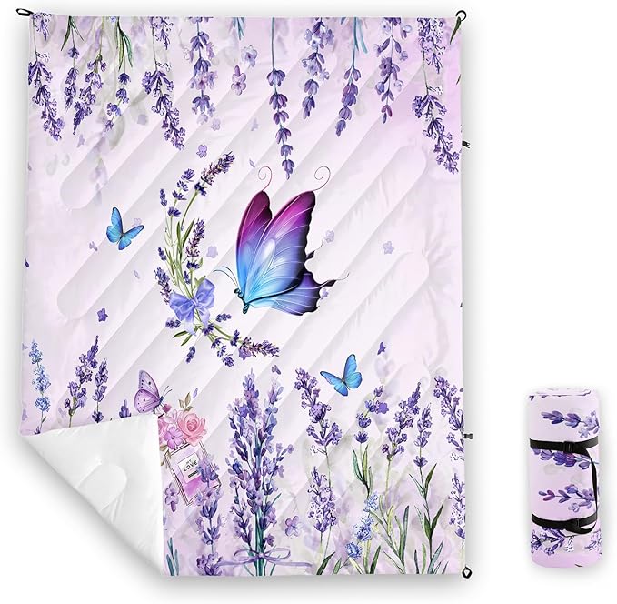 Axolotl Butterflies Camping Blanket,Lavender Packable Outdoor Blanket,Violet Flowers Perfume Lightweight Puffy Printed Camping Blanket,Purple Floral Waterproof Blanket for Traveling Beach Cold Weather