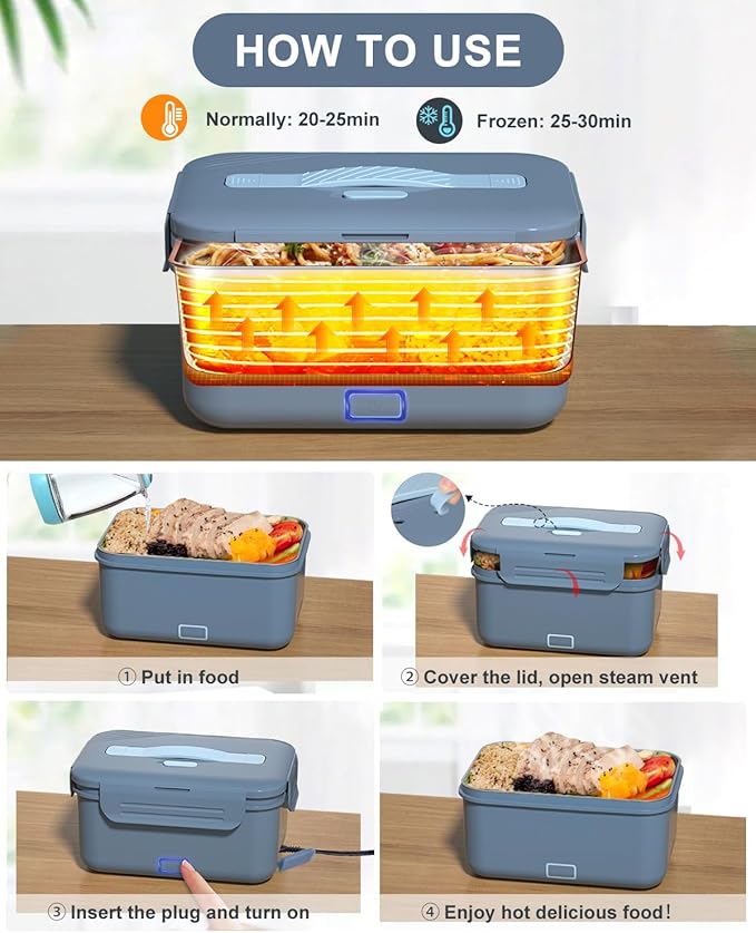 Monteka Electric Lunch Box Food Heater, Upgrade 100W High Power Portable Food Warmer, Heated Lunch Box for Adults Car/Home with 1.8L Removable Stainless Steel Container, 12V/24V/110V/220V, Blue