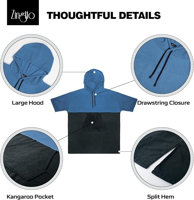 Surf Poncho Changing Robe, 3/4 Sleeve Extra Large Thick Hoodie Towel Poncho for Men Women Beach Swimming, 43" x 35", Black Blue