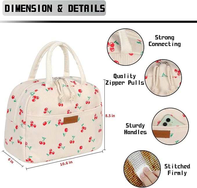 Lunch Bag Women Insulated, Cute Corduroy Tote Bag for Women with Placemat, Large Capacity Reusable Insulated Cooler Lunch Box for Travel Picnic office