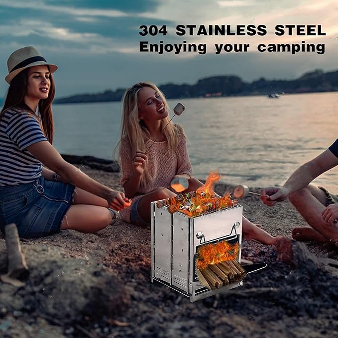 REDCAMP Wood Burning Folding Camp Stove Stainless Steel Grid, Portable Collapsible Backpacking Stove Survival Rocket Stove for Hiking Outdoor Tent Camping Picnic BBQ, Large