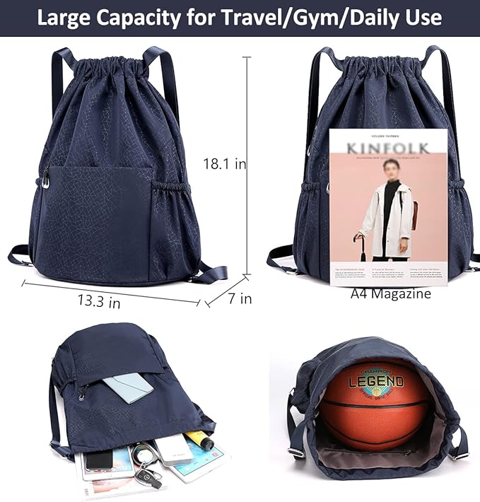 Drawstring Backpack Sports Yoga Sackpack for Women Men Waterproof Nylon Gym Sack DayPack with Multi Pockets (navy)