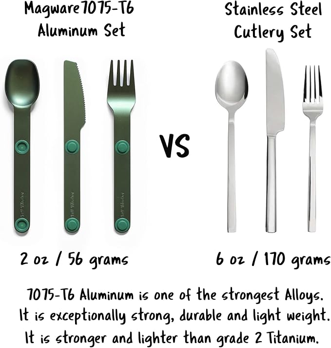 FULL WINDSOR - MAGWARE Magnetic Camping Cutlery Set - Travel Utensils for Camping, Cooking, and Outdoor Dining - Knife, Fork & Spoon - Portable Silverware with Pouch - Green (3 PCS)