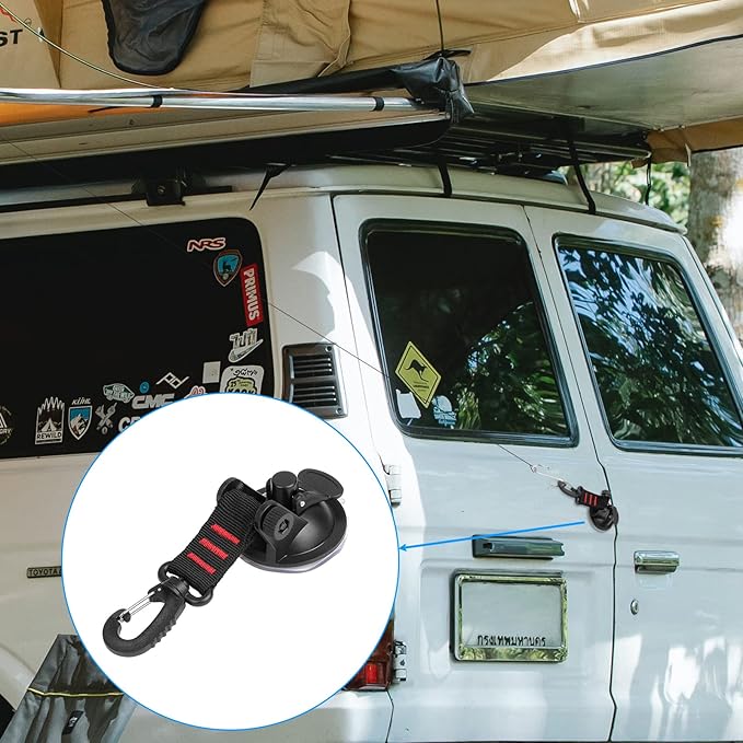 OCR 4 Pack Vacuum Suction Cup, Heavy Duty Sucker Cup Anchor with 8 Securing S Hook, Car Tensioner for Camping Car Mount Tents Luggage Tarps Car Side Awning (with Red Webbing Hook)