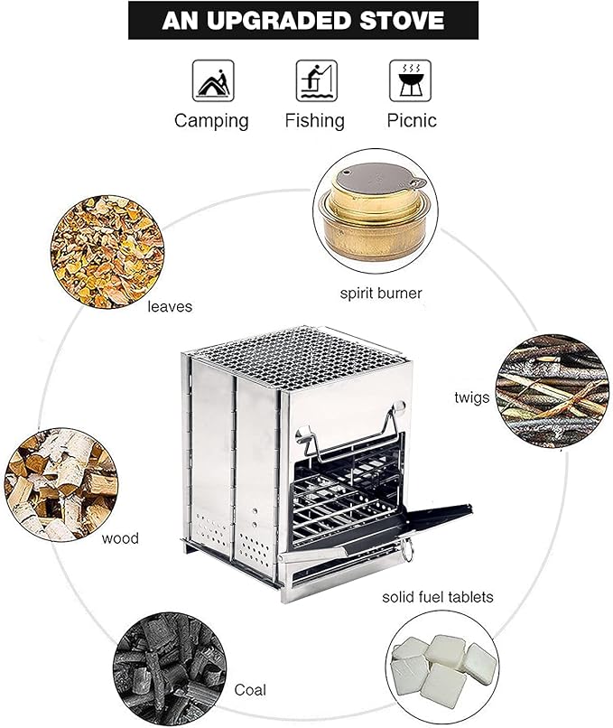 REDCAMP Wood Burning Folding Camp Stove Stainless Steel Grid, Portable Collapsible Backpacking Stove Survival Rocket Stove for Hiking Outdoor Tent Camping Picnic BBQ, Large