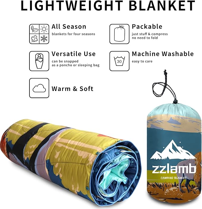 zzlamb Camping Blanket, Lightweight Cloak Puffy Down Alternative Travel Blanket, Portable & Windproof Warm Outdoor Blanket, Cozy Quilt Plane Car Picnic Hammock Beach Backpacking, 52x75in