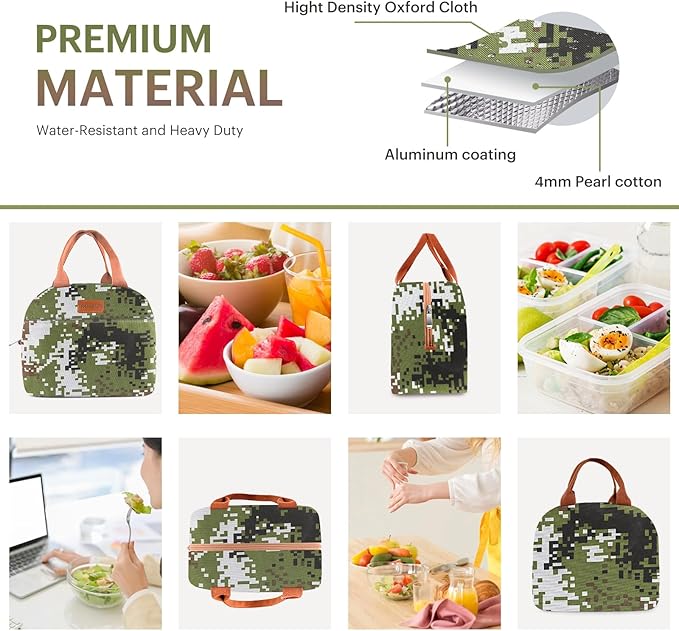 Lunch Bag for Women & Men Adult Insulated Lunch Box, Small Leakproof Cooler Food Lunch Containers Reusable High Capacity Lunch Tote Bags for Work, Travel, Outdoor (Green Digital)
