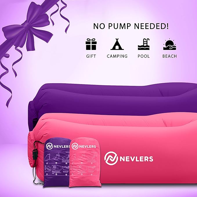 Nevlers 2 Pack Inflatable Loungers Air Sofa Couch | Perfect for Beach Chair Camping Chairs or Portable Hammock |Travel Bag Pouch, Pegs & 3 Pockets| Movie Seating & Camping Accessories Blow Up Lounger