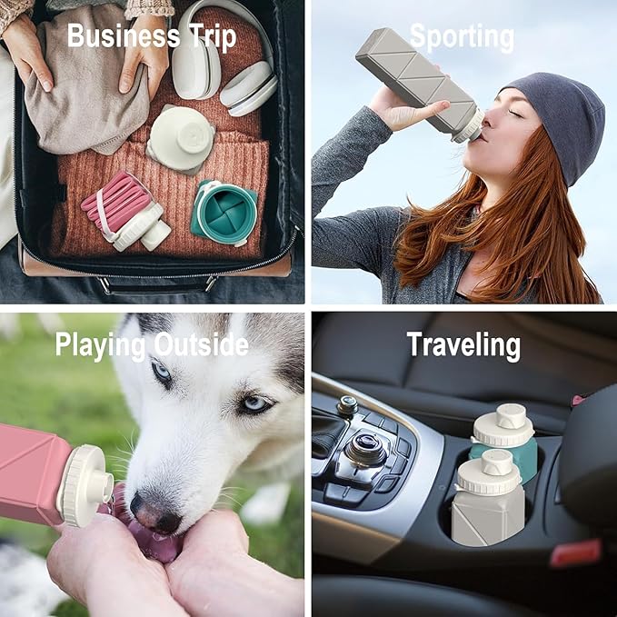 Collapsible Water Bottles 20.6oz, Silicone Foldable Portable Travel Water Bottle, Folding Lightweight Reusable Leakproof for Traveling Camping Hiking Cycling Yoga Sports Outdoor