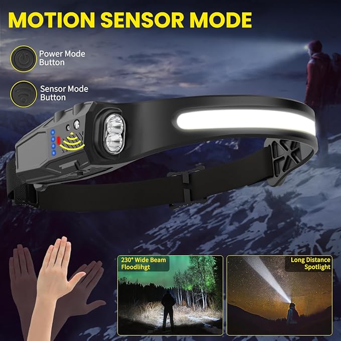 Headlamp Rechargeable 3Pack, 230° Wide Beam LED Headlamp, 7Mode Headlamps for Adults, Head Lamp with Motion Sensor, Red Light Head Lamps LED Rechargeable, Head Lights for Forehead Running Camping