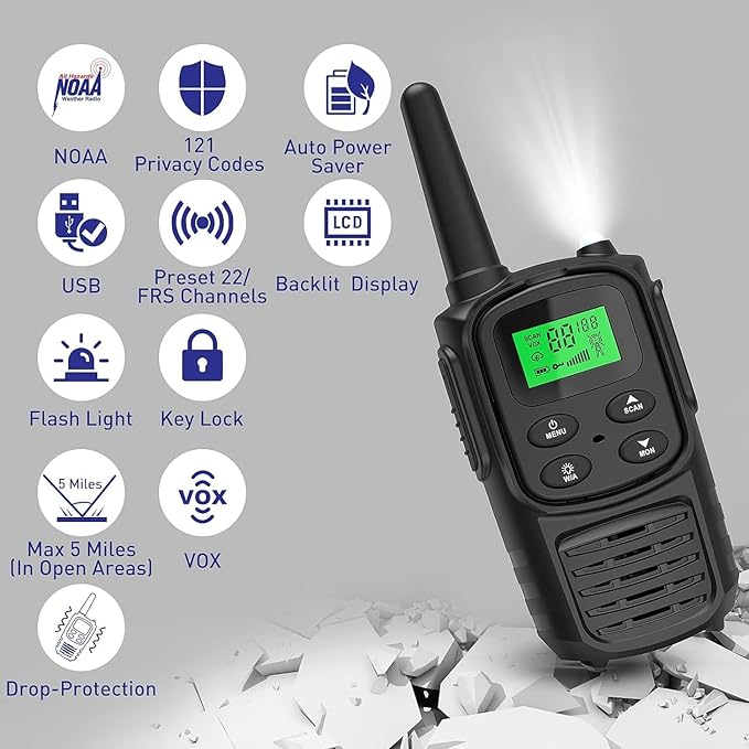 Rechargeable Walkie Talkies,Fvamom Walkies Talkies for Adults with 22 Channels,Long Range Walkie Talkies with NOAA Weather Channels,VOX LCD Display LED Flashlight (Black)