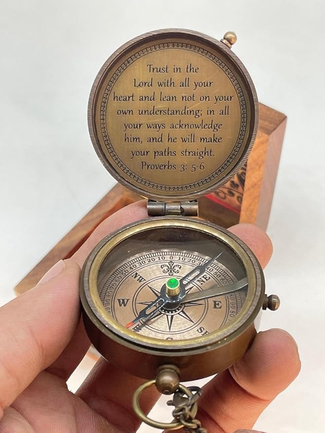 Brass Compass Engraved “Trust in The Loard” Compass is Unique Birthday Gifts for Men, Husband or Wife Customize Antique Compass is a Classy Gifts, with a Wooden Box.