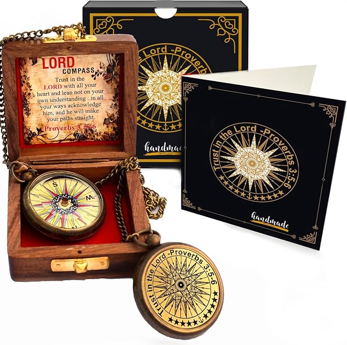 Trust in The Lord with All Your Heart -Proverbs 3: 5-6 Quote Engraved Compass with Wooden Box, Birthday, Baptism, Communion, Christmas, Graduation Day Gifts 2025 Compass for Women Mens Boy Girls