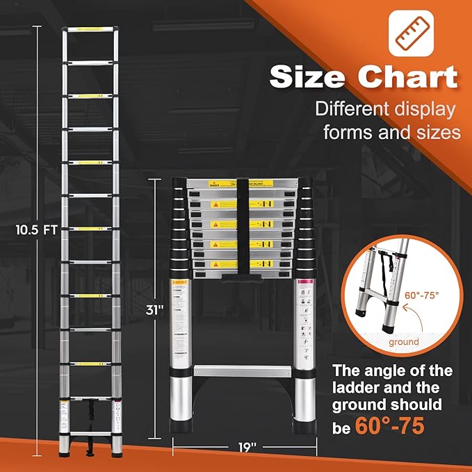 Telescoping Ladder, SocTone 10.5 FT Aluminum Lightweight Extension Ladder with 2 Triangle Stabilizers, Heavy Duty 330lbs Max Capacity, Multi-Purpose Collapsible Ladder for Household or Outdoor Work