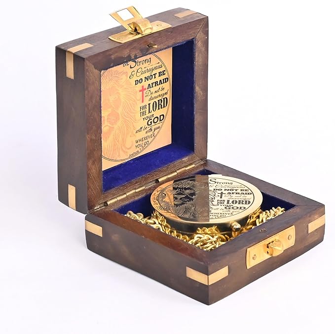 Brass Compass Engraved with Religious Scripture Verse (Joshua 1:9) - Perfect for Baptism, Confirmation, Communion - Ideal for Godson, Church, Graduation - Presented in Wood Box