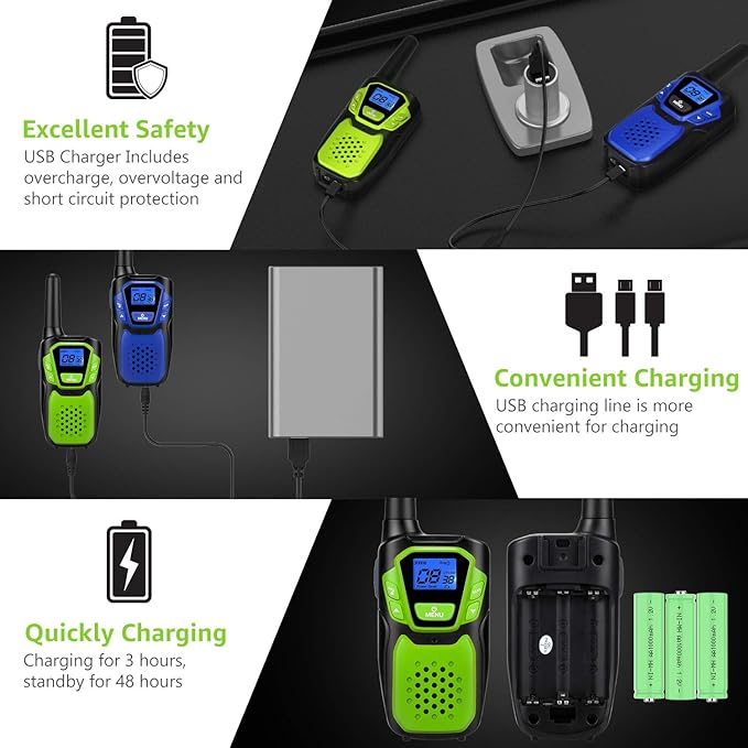 Walkie Talkies for Adult, Rechargeable Long Range Walky Talky Handheld Two Way Radio with NOAA Weather Channel, 6x1000MAH AA Batteries and USB Charger Included (Blue and Green 2 Pack)