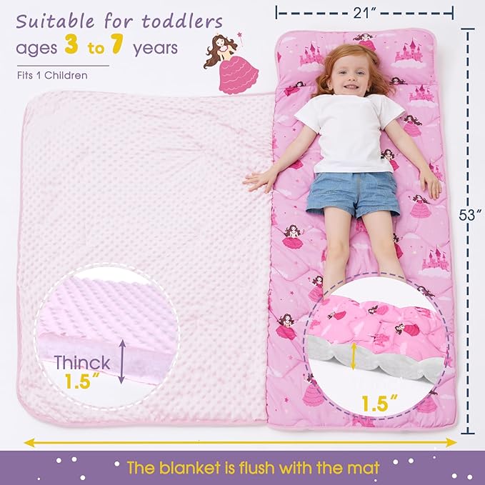 Nap Mat with Pillow Blanket Set: Sleeping Mats for Toddler Kids - Thick Large Roll up Slumber Bag for Daycare Preschool Kindergarten Boys Girls