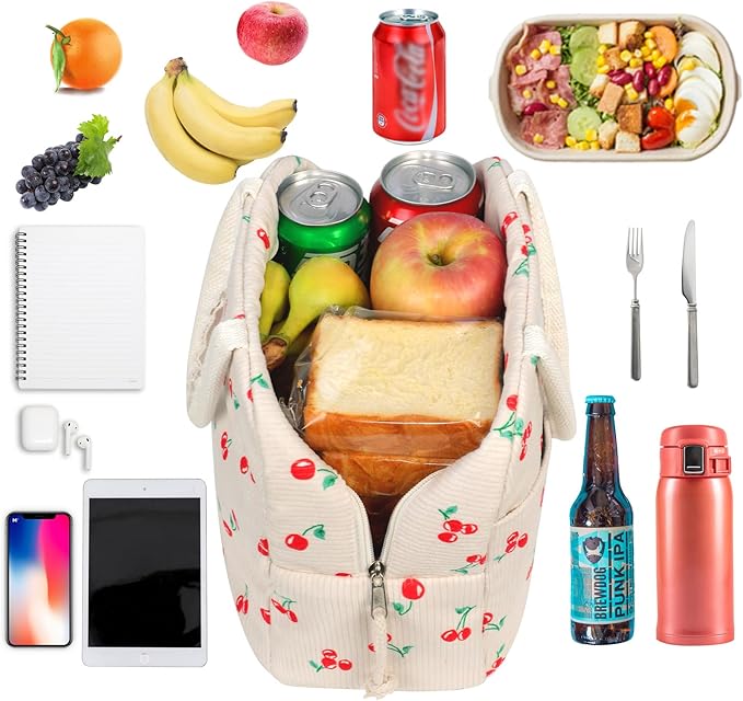 Lunch Bag Women Insulated, Cute Corduroy Tote Bag for Women with Placemat, Large Capacity Reusable Insulated Cooler Lunch Box for Travel Picnic office