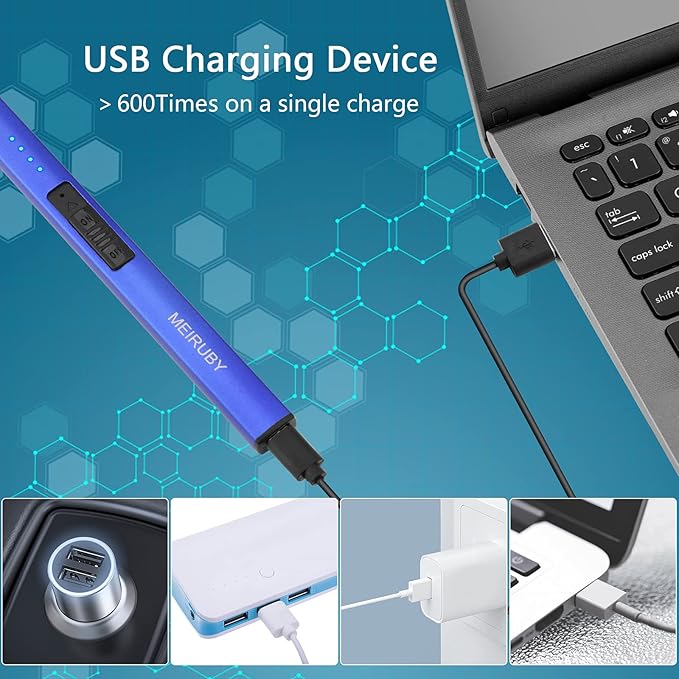 MEIRUBY Lighter Electric Candle Lighter Long Electronic Rechargeable USB Lighter Arc Windproof Flameless Lighters for Candle Camping BBQ Birthday Women's Day Gifts for Women Mom Wife Men, Blue