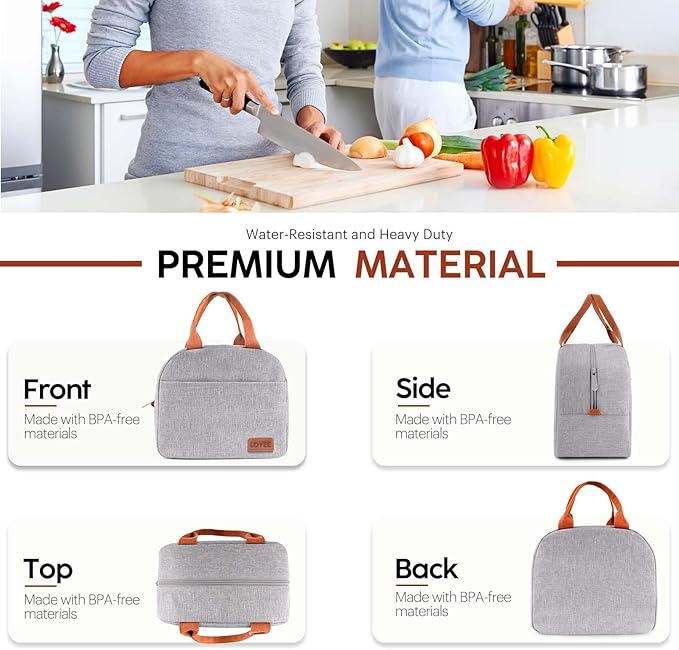 Lunch Bag Lunch Box for Women & Men, Large Capacity Insulated Lunch Bag for Adult, Leakproof Reusable Lunch Tote Bags for Work/Office/Travel/Picnic (Grey)